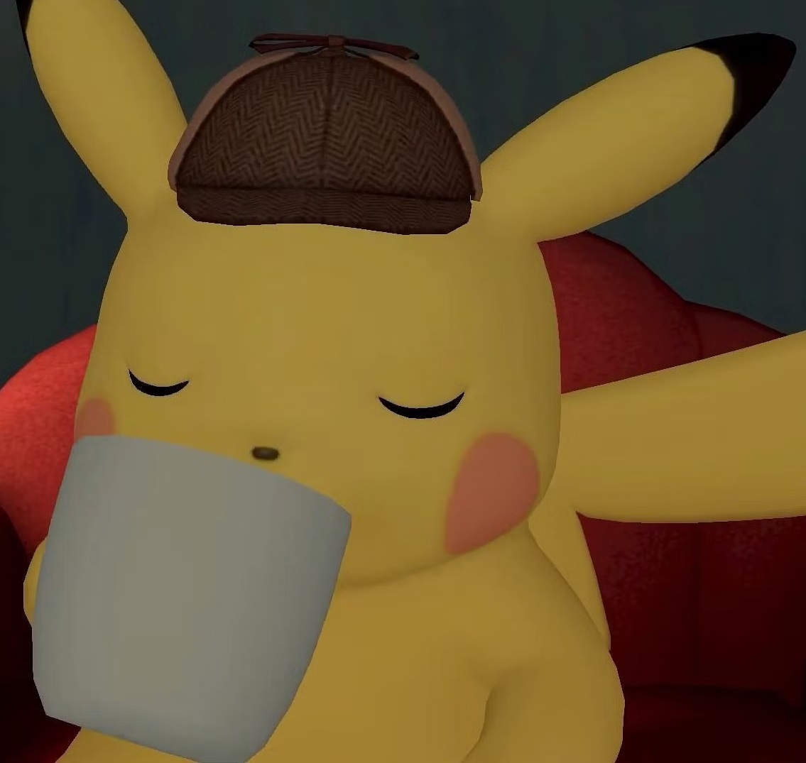 Detective Pikachu drinking a cup of coffee