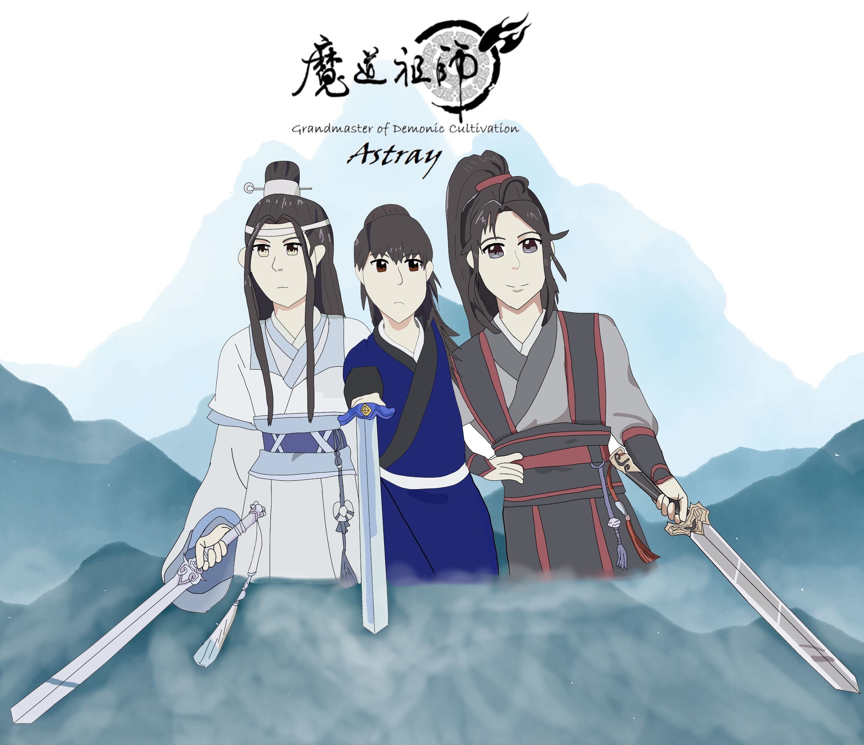 The donghua teen versions of Lan Wangji, Wei Wuxian, and the OC Pan Wukun are holding their swords while standing against a background of misty mountains. Above them is the logo and text for the fanfic's title: Mo Dao Zu Shi - Grandmaster of Demonic Cultivation: Astray