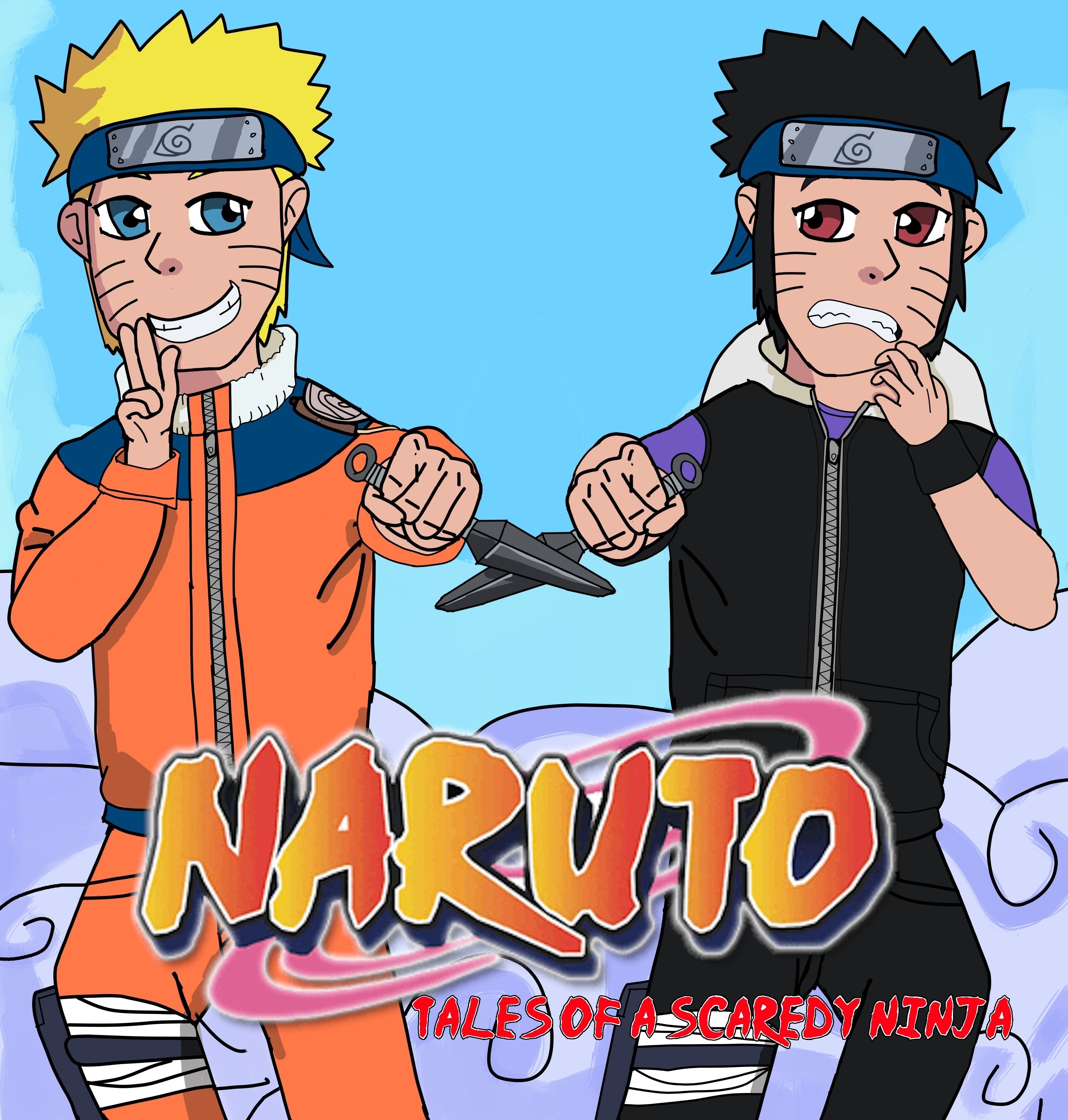 On the left side is Naruto. On the right side is Haru. She has spiky black hair, red eyes, and three whiskers on each of her cheeks. She is wearing a black sleeveless hoodie with a white hood and a purple short-sleeved shirt underneath. She wears black wristbands and black pants with a black kunai and shuriken holster strapped to her right leg around white bandages. Naruto and Haru are holding their kunai knives against each other (in a friendly, not aggressive way). Naruto is looking over at Haru with a grin, his right hand held in a hand sign next to his mouth. Haru is looking over at Naruto nervously, her left hand hovering next to her clenched teeth. The background is a light blue sky with white clouds at the bottom. At the bottom is the official Naruto title logo in orange letters placed over a pink spiral. Underneath the logo are the words, Tales of a Scaredy Ninja in red